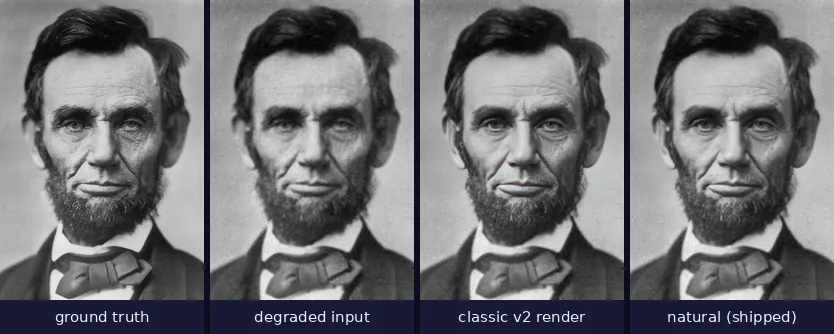 Four panels of Lincoln's portrait: original, degraded, the classic render with a cold colour shift, and the natural render keeping the warm plate tone