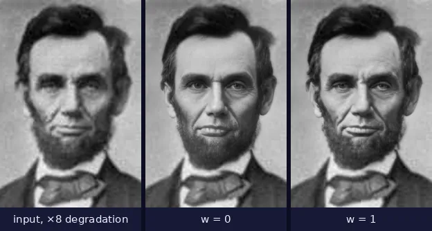 Three panels: severely degraded Lincoln, an almost unrecognizable smooth younger face at weight zero, and a closer likeness at weight one