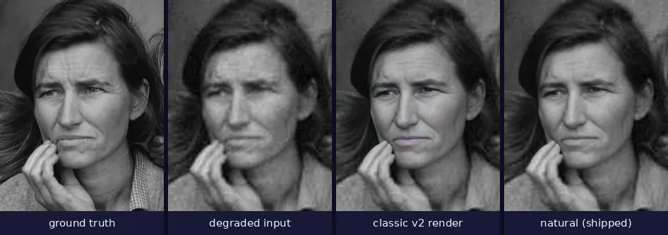 Four panels of Florence Owens Thompson's face: sharp original, degraded copy, the classic render with plastic skin and shifted colour, and the natural render preserving grain and tone