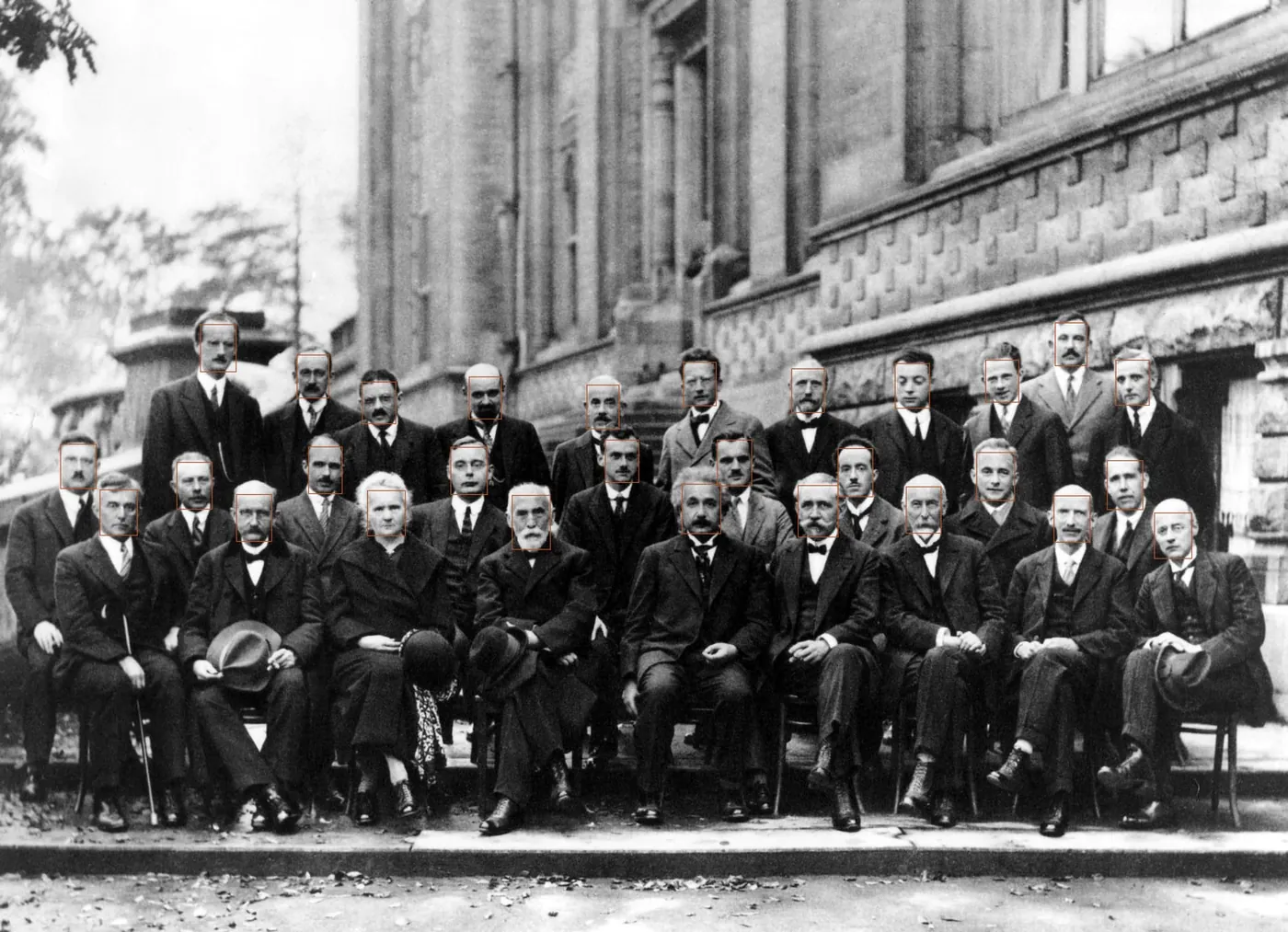 The 1927 Solvay Conference group photograph with detection boxes drawn around all twenty-nine faces