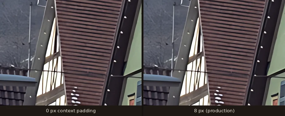 Two upscaled crops of window shutters; the unpadded version shows visible vertical seam lines that the padded version does not
